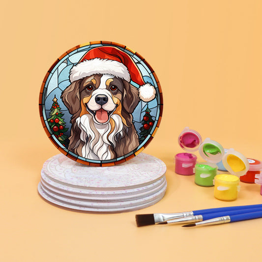 Animal with Christmas Hat Print Paint By Numbers Coaster Set (6 Pack)