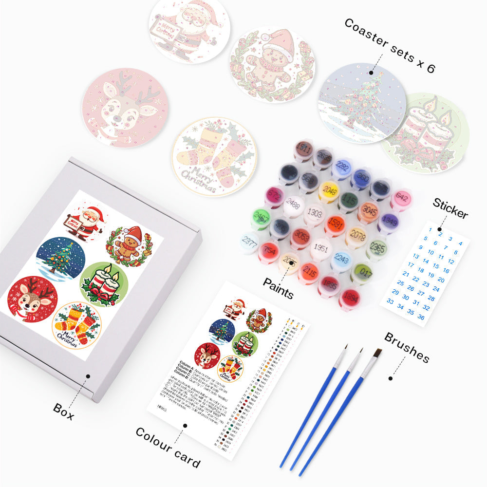 Christmas  Print Paint By Numbers Coaster Set (6 Pack)