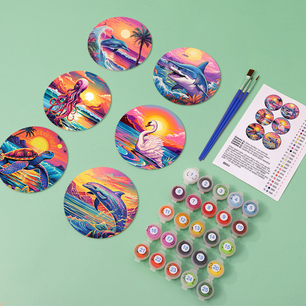 Marine Life Print Paint By Numbers Coaster Set (6 Pack)