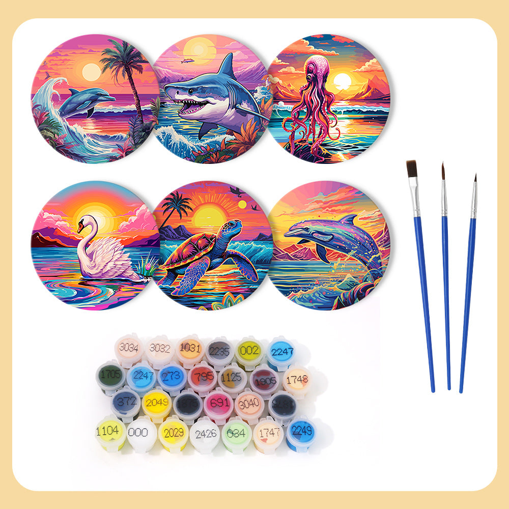 Marine Life Print Paint By Numbers Coaster Set (6 Pack)