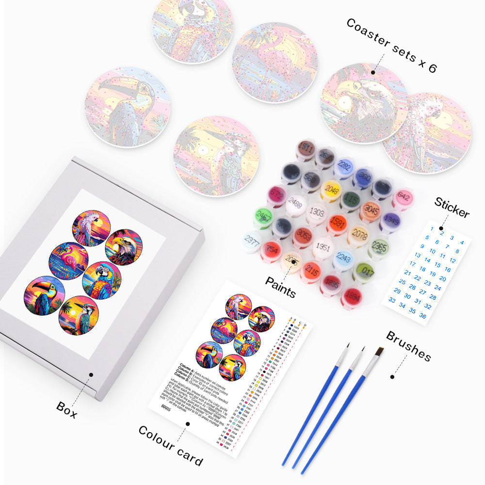 Birds Print Paint By Numbers Coaster Set (6 Pack)
