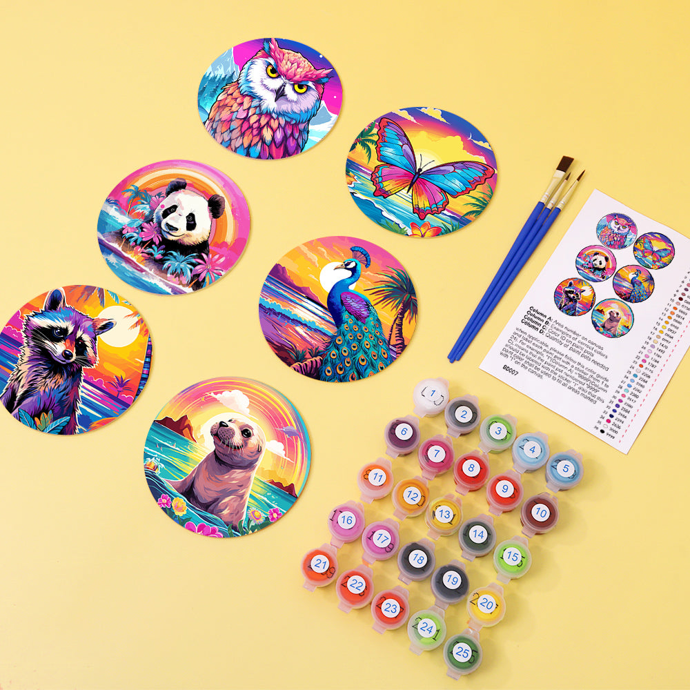 Sunrise with Animals Print Paint By Numbers Coaster Set (6 Pack)