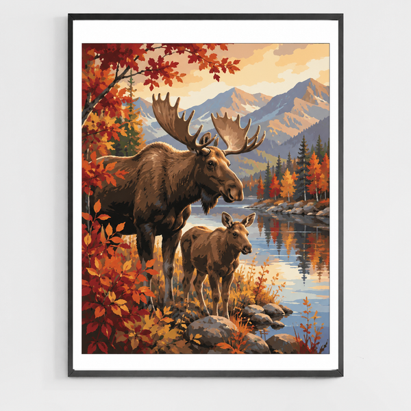 Moose Family in Autumn - DIY Paint by Numbers