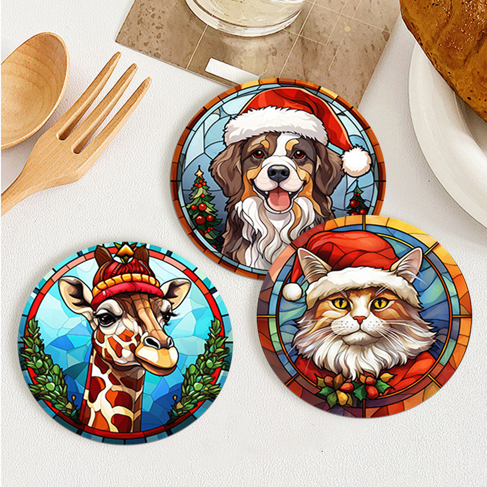 Animal with Christmas Hat Print Paint By Numbers Coaster Set (6 Pack)
