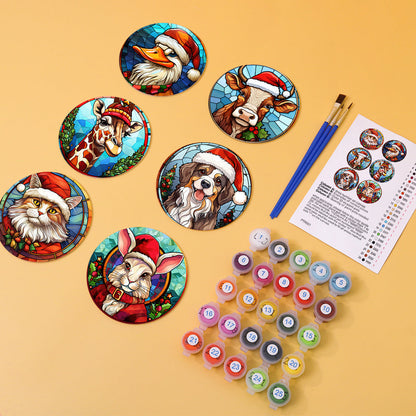 Animal with Christmas Hat Print Paint By Numbers Coaster Set (6 Pack)