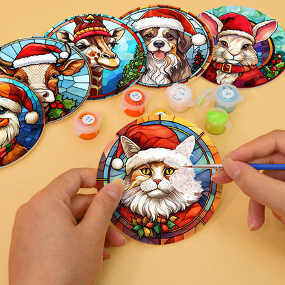 Animal with Christmas Hat Print Paint By Numbers Coaster Set (6 Pack)