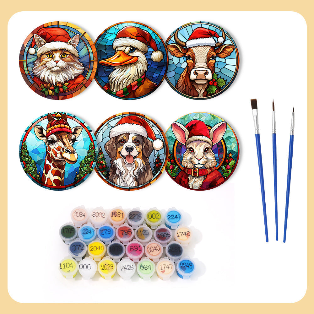 Animal with Christmas Hat Print Paint By Numbers Coaster Set (6 Pack)