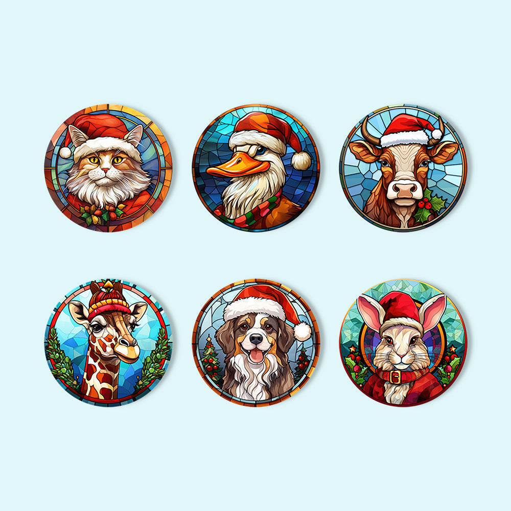 Animal with Christmas Hat Print Paint By Numbers Coaster Set (6 Pack)