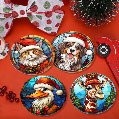 Animal with Christmas Hat Print Paint By Numbers Coaster Set (6 Pack)